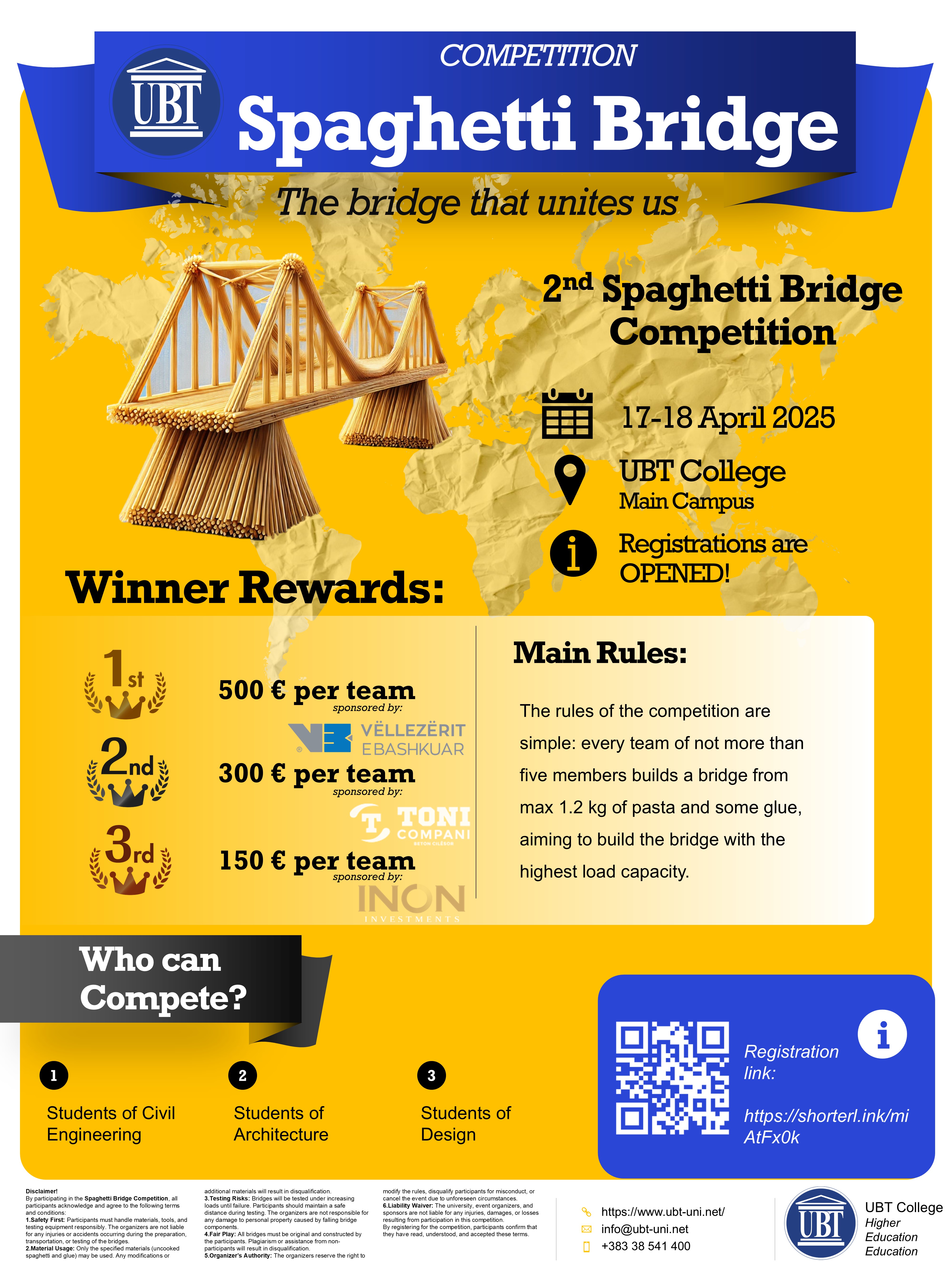 Official poster for the second UBT Spaghetti Bridge Competition