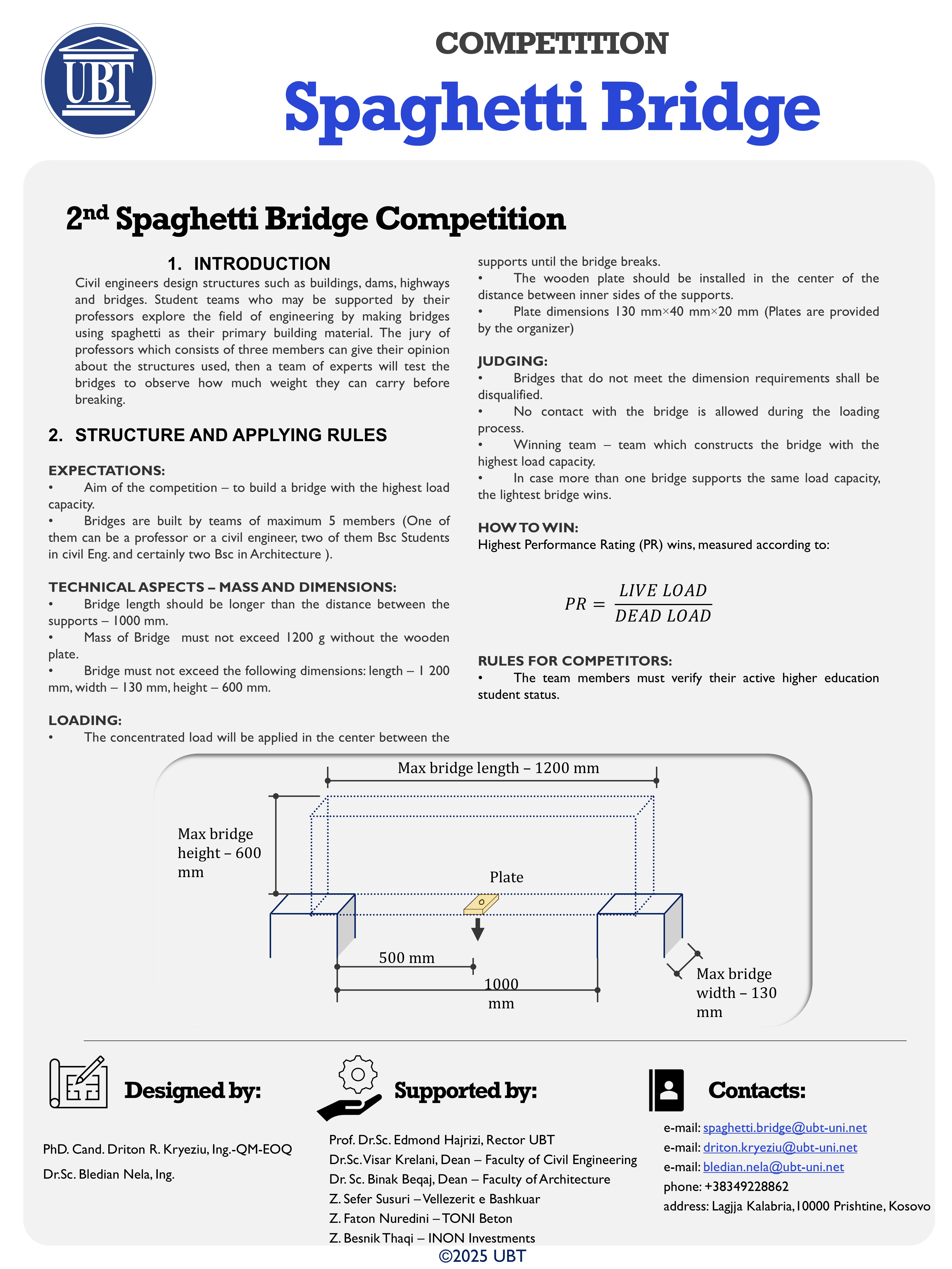 Technical rules and loading arrangement for the second UBT Spaghetti Bridge Competition